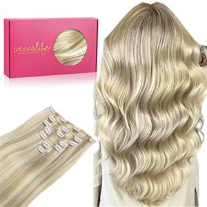 WENNALIFE Extension Capelli Veri Clip, 50cm 120g 7pcs Extension Clip Capelli Veri Biondo Cenere con Riflessi Biondo Platino Remy Umani Naturali Capelli Extension con Clip