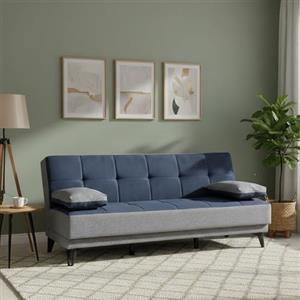 Dmora - Divano Letto 3 posti Jordi, Divano in Tessuto Imbottito, Sofà da Soggiorno con Apertura Click-clack, 190x87h97 cm, Grigio e Blu