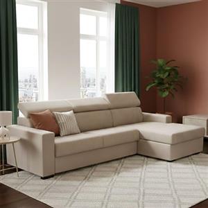 Dmora Talamo Italia - Divano letto con penisola Alceste, Sofà apertura girevole, Penisola contenitore Destra, Braccioli slim, 100% Made in Italy, Cm 260x95h85, Beige