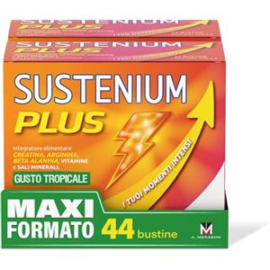 Sustenium Plus Gusto Tropicale- lntegratore energizzante a base di uno specifico complesso di aminoacidi, vitamine e minerali. Per la tua energia fisica e mentale. Bipack 44bustine