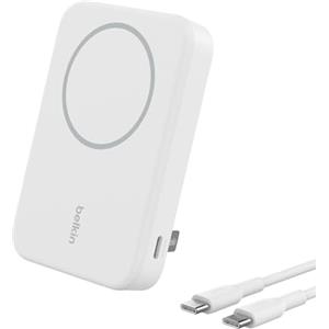 Belkin BoostCharge Pro Power bank wireless 8.000 mAh con Qi2, caricabatteria portatile compatibile con MagSafe, supporto integrato per iPhone 16, 16 Plus, 16 Pro, 16 Pro Max, iPhone 15 e altri, bianco