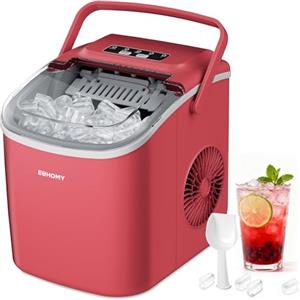 EUHOMY Macchina del Ghiaccio 12kg/24h, Autopulente Macchina per il Ghiaccio Casa, 9 Cubetti in 6 Minuti, 2 Dimensioni di Ghiaccio, Silenzioso, Ice Maker con Maniglia/Paletta/Cestello, Rosso