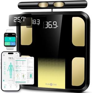runstar Bilancia Pesapersone Digitale Runstar, Bilancia intelligente Alta Precisione con 8 Elettrodi per BMI, Massa Muscolare, 28 Dati Composizione Corporea, Sync App, Display a 3 Parametri, 180 kg