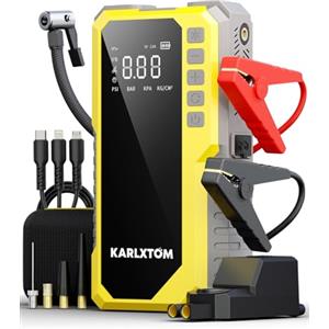 Karlxtom Booster Avviamento Auto con Compressore 190PSI, 12V Avviatore Batteria Auto (Tutto Gas/10L Diesel), Ingresso/Uscita Alimentazione di Avviamento e Luce LED da 500 LUM, Display LCD