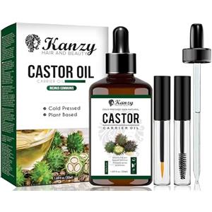 Kanzy Olio di Ricino per Ciglia e Sopracciglia 50ml Olio di Ricino per Capelli, Unghie, Pelle e Barba Castor Oil con Set di Pennelli