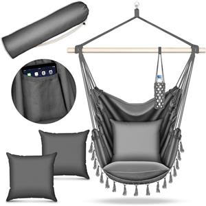 tillvex Poltrona Sospesa 2 Cuscini da Appendere | Sedia Sospesa con Portabevande e Scomparto per Libri | Amaca Sospesa Resistente alle Intemperie - Interno & Esterno