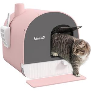PawHut Lettiera per Gatti Chiusa, Casetta con Vassoio Estraibile, Paletta, Porta e Filtri Antiodore, Toilette per Gatti Antipertita con Tappetino, Rosa, Grigio e Bianco