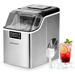 EUHOMY Macchina del Ghiaccio Casa: 24 Cubetti in 13 Minuti, 20,5KG/24H Macchina per il Ghiaccio Autopulente, 3,2L con Paletta/Cestello, per Cucina/Ufficio, Acciaio Inossidabile