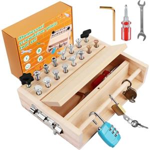 YIYICO Giochi Montessori 3 4 5 Anni Attrezzi in Legno Bambini Cacciavite Giocattoli con Serratura e Chiave Cassetta Attrezzi Bambini Set Avvitatore Montessori Regalo Giocattolo Educativi 3 4 5 Anni