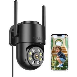 Reobiux 1080P Telecamera Wi-Fi Esterno/Interno,Videocamera Sorveglianza Esterno,2.4G WiFI,PTZ,Cablata,Visione Notturna Colori,Audio Bidirezionale,Rilevamento Persone,Allarme,Usb,3m Cavo,IP66,Nero
