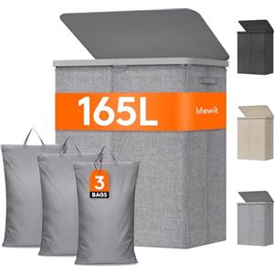 Lifewit Cesto Portabiancheria, Cesta Panni Sporchi con coperchio, Laundry Basket con Plastica Manici, Porta Biancheria Sporca per Bagno, Lavanderia, Camera da Letto, 165 L, Grigio Chiaro