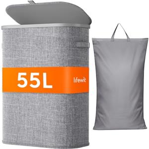Lifewit Cesto Portabiancheria, Cesta Panni Sporchi con coperchio, Laundry Basket con Plastica Manici, Porta Biancheria Sporca per Bagno, Lavanderia, Camera da Letto, 55 L, Grigio Chiaro