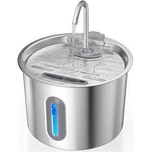 Zivacate Fontanella per Gatti Acciaio - 2,2 L Fontana per Gatti con Pompa Ultra Silenziosa, Finestra LED, Sistema di Filtraggio Triplo, Fontanella Gatto con Cavo (con 3 Filtri & 3 Spugne)