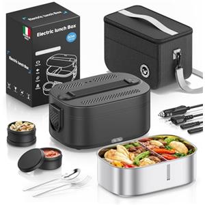 YEEFON Scaldavivande Elettrico Portatile 80W, 1,5L Porta Pranzo Riscaldabile con Borsa, Forchetta e Cucchiaio, 3 in 1 Lunch Box 220V/12V/24V, Acciaio Inox Rimovibile, per Auto Camion e Ufficio