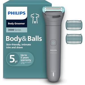 Philips Bodygroom series 3000 - Rifinitore per uomo tripla protezione, Rifinitura e rasatura intima, Preciso e confortevole sulla pelle, Impermeabile al 100%, 80 minuti di autonomia, Modello BG3480/15