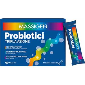 Massigen Probiotici Tripla Azione - Integratore Alimentare con 8 Miliardi di Probiotici in 12 Stickpack
