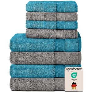 Komfortec Set di 8 asciugamani in 100% cotone, 4 teli da bagno 70 x 140 e 4 asciugamani da 50 x 100 cm, spugna, morbido, towel, grande, antracite/turchese
