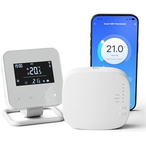 Vaconoff Termostato Caldaia Wifi a Batteria, Cronotermostato Smart Digitale con Ricevitore, Termostato Wireless con Telecomando, Montato in piedi o a Parete Compatibile con Alexa e Google Assistant Bianco
