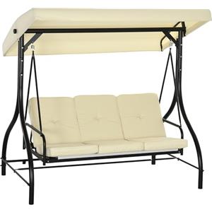 Outsunny Dondolo da Giardino 3 Posti, Dondolo Letto per Esterni con Tettuccio Regolabile, in Metallo e tessuto Teslin, Beige e Nero