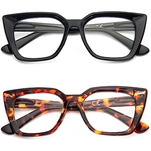 Kodilin 2 Pack Occhiali da lettura donna Oversized Square Anti Luce Blue Computer Lettori Uomo con cerniera a molla (+3.5, nero e leopardo)