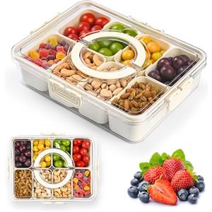 OAKENCREST Snack Box con 8 Scomparti, Piatto per Diviso, Ciotola per Snack con Coperchio e Manico, Portatile e Versatile, per Picnic, Dolci, Dessert, Verdure, Rutta