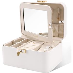 KAMIER Organizzatore di gioielli,2 strati di cuoio dell'unità di elaborazione di gioielli,grande capacità,doppia serratura e grande specchio,ganci nascosti della collana,divisori rimovibili