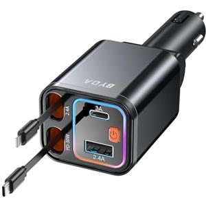BYDA Caricabatteria da auto retrattile USB C 4 in 1, 69 W con luce stellata, ricarica rapida per iPhone 16/15/14/13/12, iPad,Android,adattatore accendisigari (For Apple & USB-C & Black)
