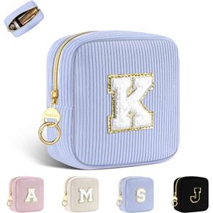 Playexen Trousse per Trucchi Donna Personalizzata Iniziale Piccola Borsa da Cosmetici Beauty Case da Viaggio Accessori Pochette Trucchi Organizer in Velluto a Coste Regalo per Ragazza Amica Compleanno Blu K