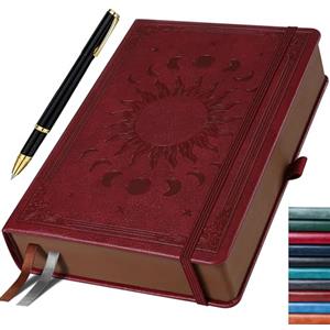 HwxBen Diario A5 con penna, 360 pagine, carta 100 g/m², tasca interna, ideale per appunti scuola ufficio, idea regalo - Rosso Vino