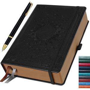 HwxBen Diario A5 con penna, 360 pagine, carta 100 g/m², tasca interna, ideale per appunti scuola ufficio, idea regalo - Nero