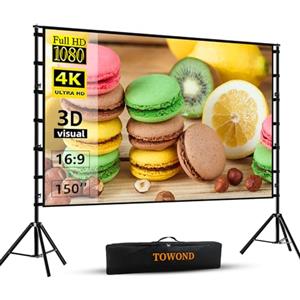 Towond - Schermo proiettore 150 pollici 16:9 HD, posteriore, anteriore, staffe ispessite, borsa trasporto
