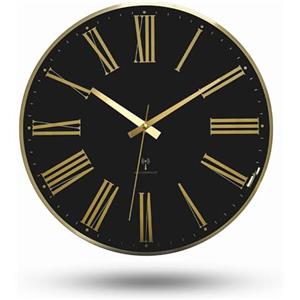 Fishtec - Orologio da parete con numeri romani - Orologio radiopilotato - Vetro bombato - Movimento silenzioso - Grandi numeri - Fondo nero - Telaio, numeri e lancette dorate - Ø 30,5 x 5 cm