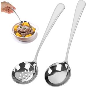 GUOYIHUA Set di 2 Mestolo Cucina, Set di Mestoli e Cucchiaio Scanalato, 20cm Cucchiai Monoblock Lucidatura Acciaio Inox, Lavabili in Lavastoviglie, Ideale per Fonduta, Brodi e Zuppe