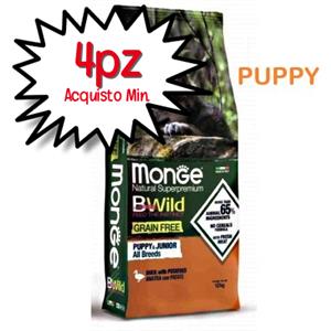 MONGE CANE CROCCHETTA BWILD GRAIN FREE ALL BREEDS PUPPY ANATRA E PATATE 12 KG [PREZZO A CONFEZIONE - acquisto minimo 4 confezioni]