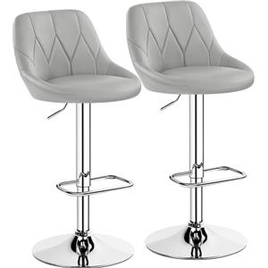 Yaheetech Set 2 Sgabelli Bar Alti Altezza Regolabile Cucina Design Moderni con Schienale Girevole Imbottiti in Finta Pelle Poggiapiedi Metallo Grigio Chiaro