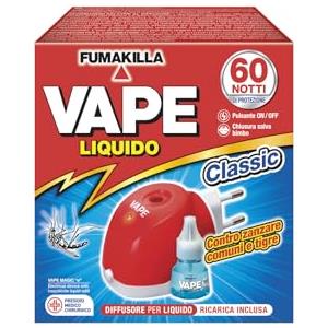 Vape Elettroemanatore Liquido Classic con Ricarica Liquida 60 Notti, Diffusore Antizanzare Certificato IMQ, Sistema Salva Bambino, Interruttore ON/OFF Luminoso, Rilascio Costante Principio Attivo