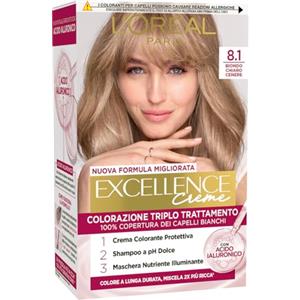 L'Oreal Paris L'Oréal Paris Colorazione Triplo Trattamento Excellence, Con Acido Ialuronico, 100% Copertura Capelli Bianchi, Per Capelli Più Idratati, Biondo Chiaro Cenere (8,1)