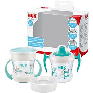 NUK 3-in-1 Mini set per imparare a bere con Trainer Cup bicchiere antigoccia (6+ mesi) | Mini Magic Cup Tazza 360° (6+ mesi) e Bordo per Bere (12+ mesi) | 160 ml | Senza BPA | Turchese