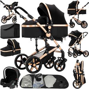Reenborn Passeggino Trio, Passeggino 3 in 1 con Due Modi Reversibili Spingere, Trio con Design Pieghevole in Un Clic, Trio Passeggino Neonati con Telaio Alluminio Paesaggistico Alto (588 Black Gold)