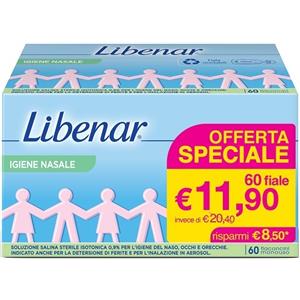 Libenar Soluzione Salina Sterile Isotonica 0,9% - 60 Flaconcini Monouso da 5ml per Igiene Nasale, Oculare e Auricolare