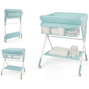 COSTWAY Fasciatoio Pieghevole per Bambini, Fasciatoio Portatile con Altezza Regolabile a 3 Livelli, Fasciatoio Neonato con Ruote di Bloccabili, Ripiano, Porta Asciugamani, per 0-12 Mesi (Verde)