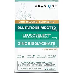GRANIONS - COMPLESSO ANTI-MACCHIE VISO - Glutatione, Vitamina C, Zinco bisglicinato, Selenio, Niacinamide - Luminosità, Uniformità dell'Incarnato, Effetto Schiarente, Idratazione Viso - Prodotto in Fr