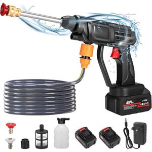 MINENICE Rondella ad alta pressione a batteria da 60 bar, senza fili, 300 W, portatile ad alta pressione, con 2 batterie da 1500 mAh, ugello a spruzzo regolabile, tubo da 5 m, lavatrice per la pulizia del