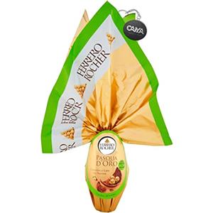 CAIYA Ferrero Rocher PASQUA D'ORO Uovo di Cioccolato al Latte con Nocciole e 3 Praline all'Interno 212g con Portachiavi CAIYA® (Pasqua 2024)