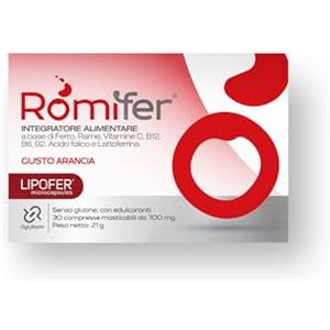 DIGI-PHARM Romifer Ferro Forte Integratore Alimentare con Ferro da Lipofer Alto dosaggio, Lattoferrina, Vitamina C, Rame, Acido Folico e Vitamine B6, B2, B12, Gusto Arancia Made in Italy