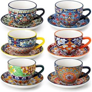 vancasso SIMI Set di 12 Tazzine Caffè con Piattino - 240 ML - Tazzina da Caffè in Ceramica per 6 Persone - per Latte, Cappuccino e Espresso, Sicuro in Microonde, Stile Boho