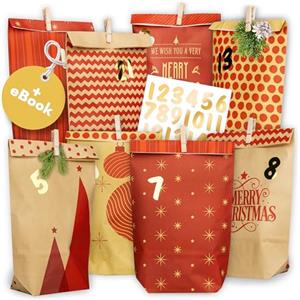 Amari ® Calendario dell'Avvento da Riempire - 24 Sacchetti di Carta per Calendario dell'Avvento (con Graffette) per il Fai da Te per Bambini - Calendario di Natale di Carta da Riempire da Solo