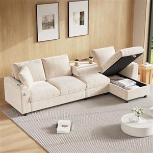 Luscriate Divano angolare a forma di L con chaise longue, 3 posti Divano modulare in cotone e lino traspirante, ideale per soggiorno, piccoli appartamenti (beige4+ciniglia)