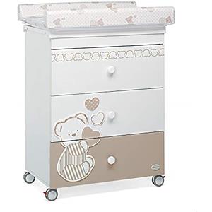 Foppapedretti Bagnetto Fasciatoio Dolcecuore, Legno, Made in Italy, 3 Cassetti, Piano Fasciatoio Ribaltabile, Vaschetta Anatomica Estraibile, 4 ruote, Materassino Incluso, 47x69x89 cm, Bianco