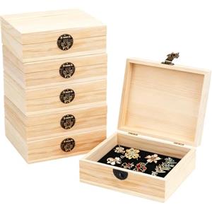 GAOUTO Confezione da 6 piccole cassette in legno naturale con coperchio, 15 x 10 x 5 cm, in legno con cerniere e lucchetto, cassapanca in legno per portagioie, fai da te e hobby